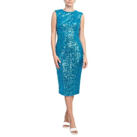 NEW BADGLEY MISCHKA jewel neck sleeveless bodycon dress in turquoise